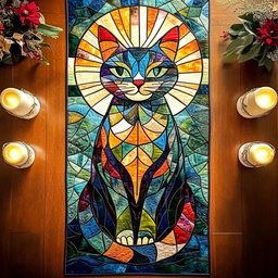 Golden Stained Glass Cat Table Runner - Made to Order TABLE928