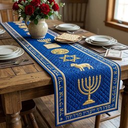 Gold Menorah on Royal Blue Table Runner - Made to Order TABLE928