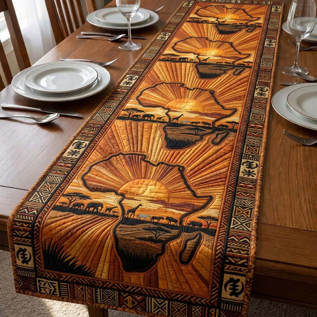 Golden Africa Map with Animals Table Runner - Made to Order TABLE928