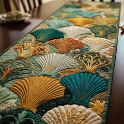 Golden and Teal Scallop Shells Table Runner - Made to Order TABLE928