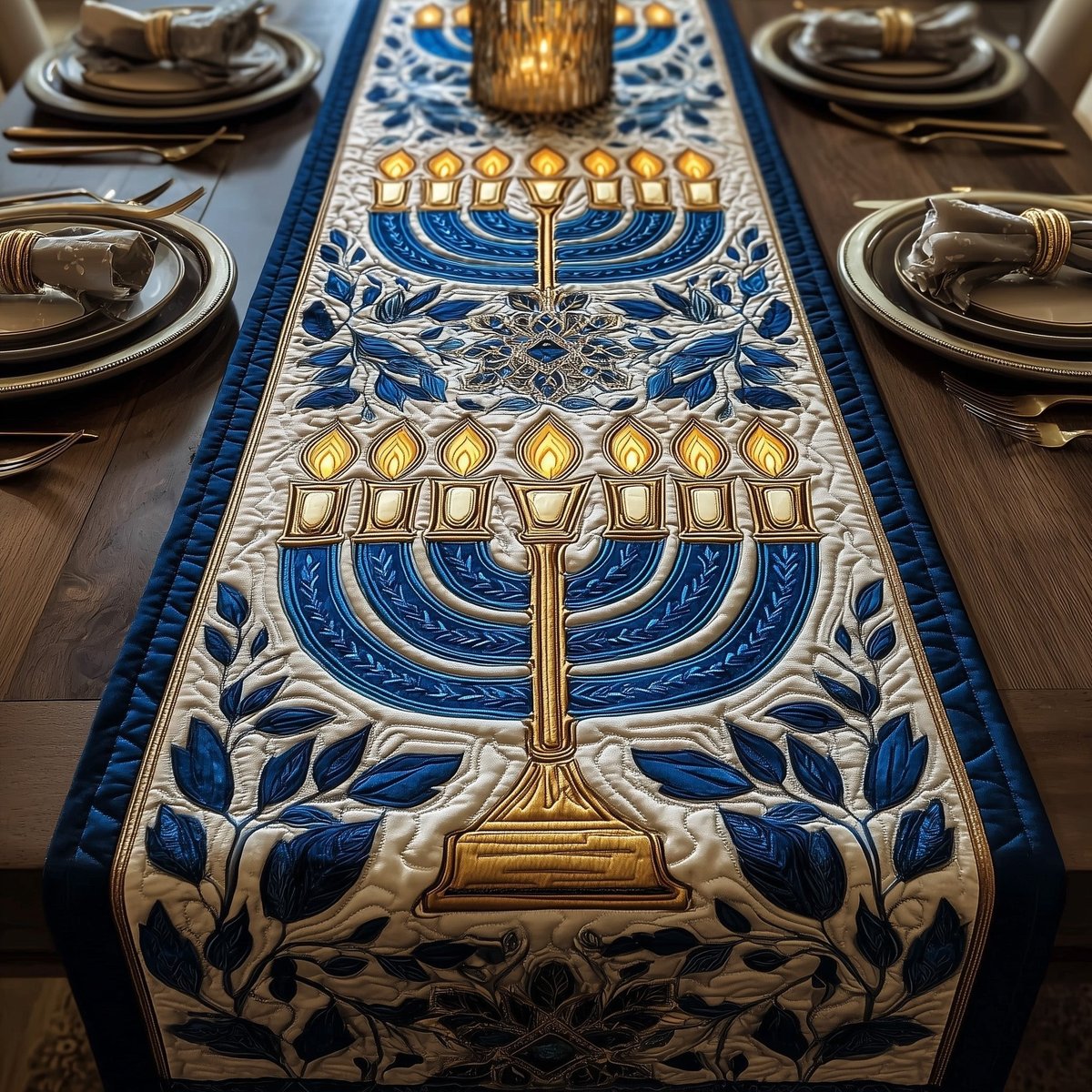 Golden Menorah with Olive Branches Table Runner - Made to Order TABLE928