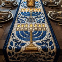 Golden Menorah with Olive Branches Table Runner - Made to Order TABLE928