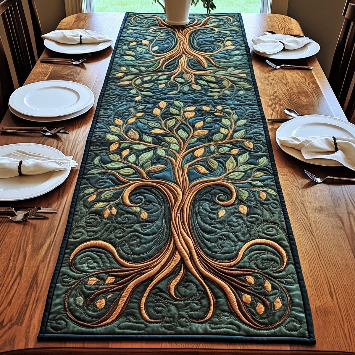 Golden Tree on Deep Green Table Runner - Made to Order TABLE928