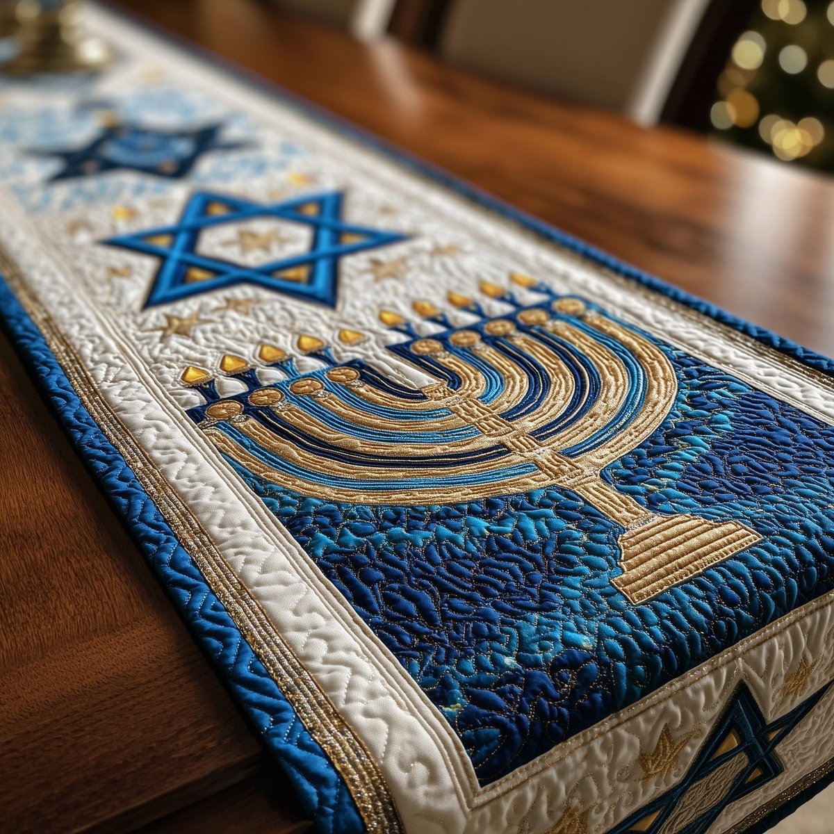 Golden Menorah with Blue Star Table Runner - Made to Order TABLE928