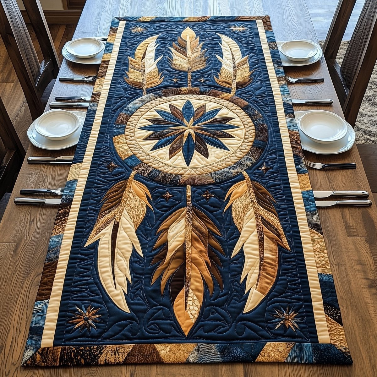 Golden Feathers on Midnight Blue Table Runner - Made to Order TABLE928