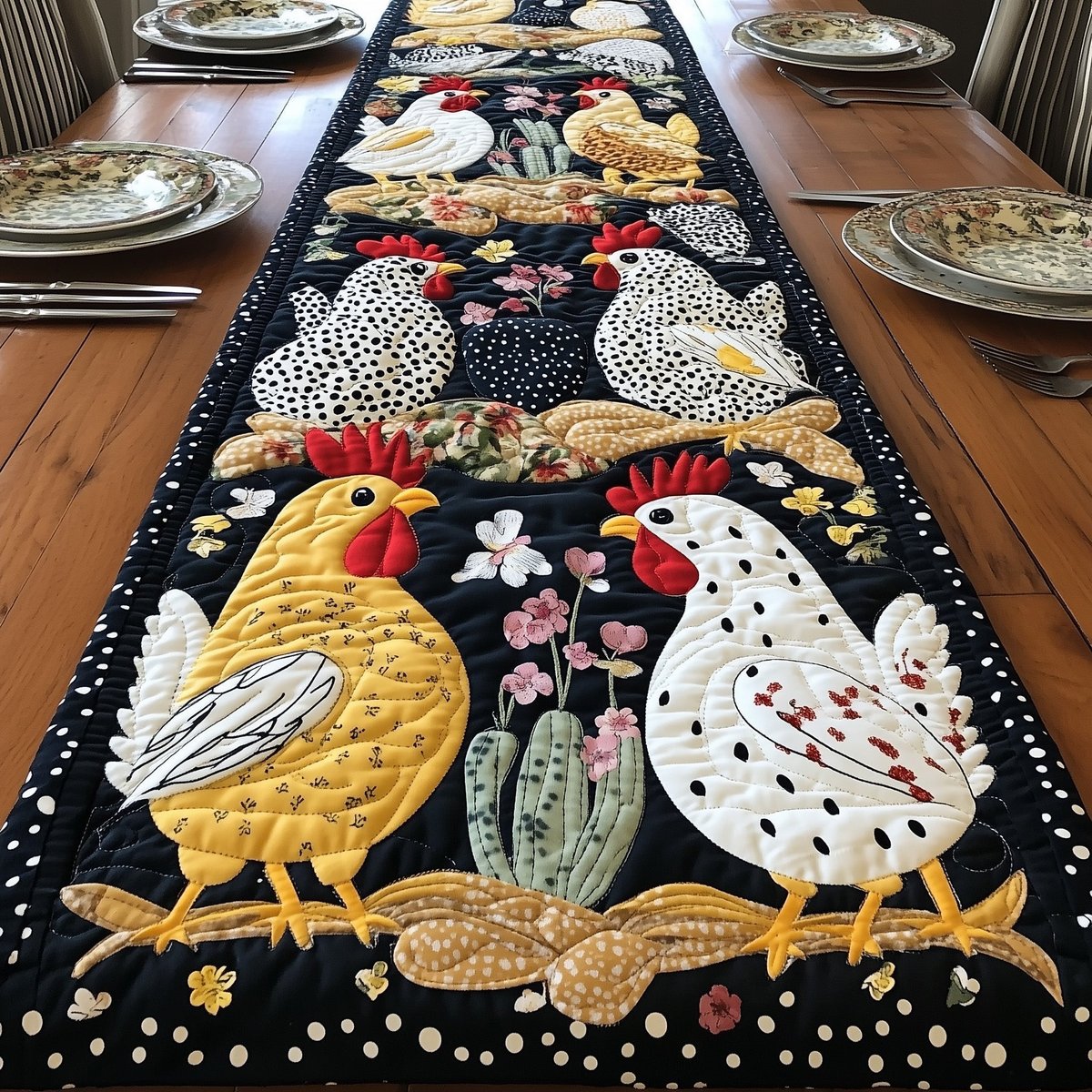 Golden Rooster with Pink Flowers Table Runner - Made to Order TABLE928