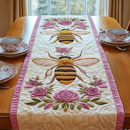 Golden Bee with Pink Roses Table Runner - Made to Order TABLE928