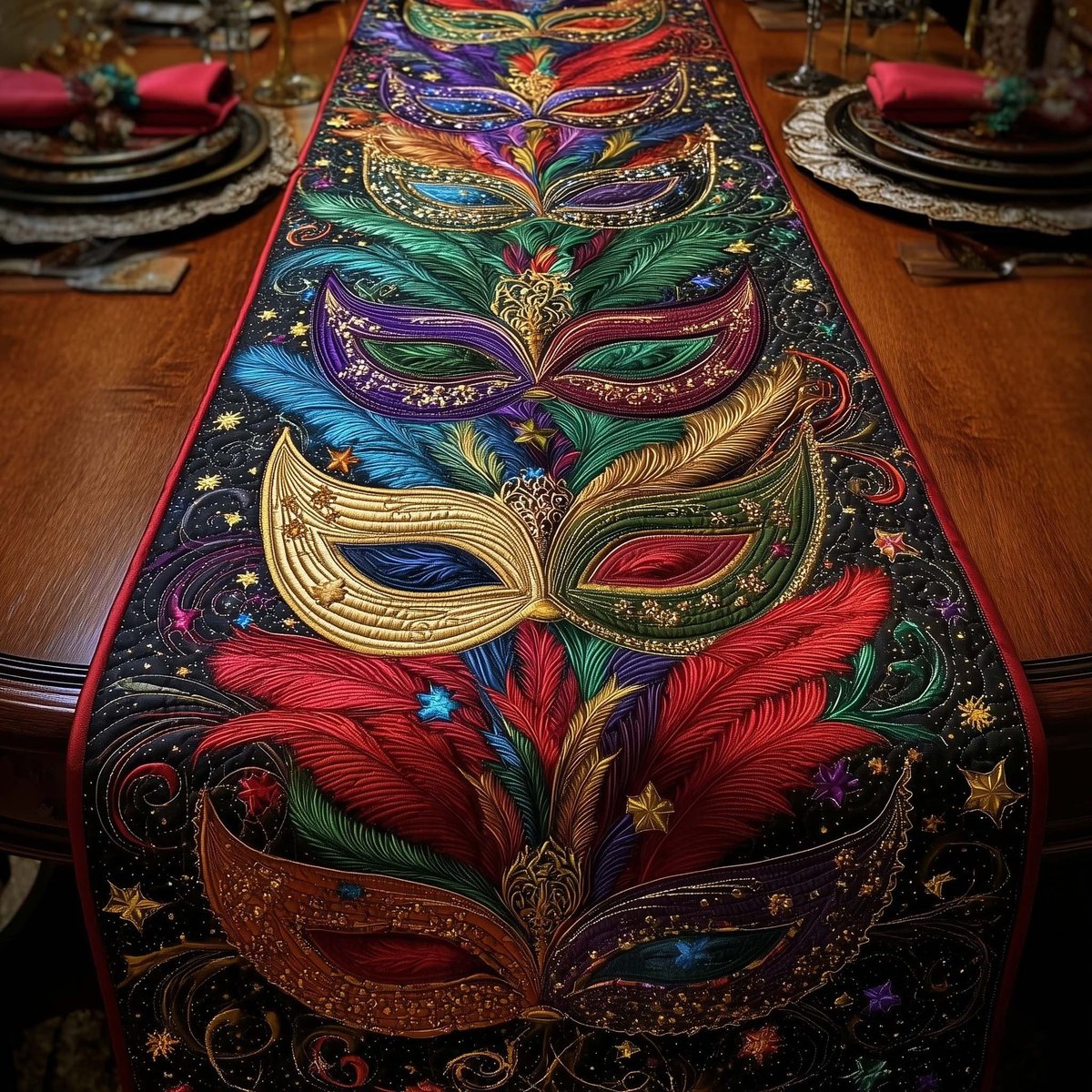 Gold Mask with Red Feathers Table Runner - Made to Order TABLE928