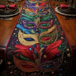 Gold Mask with Red Feathers Table Runner - Made to Order TABLE928