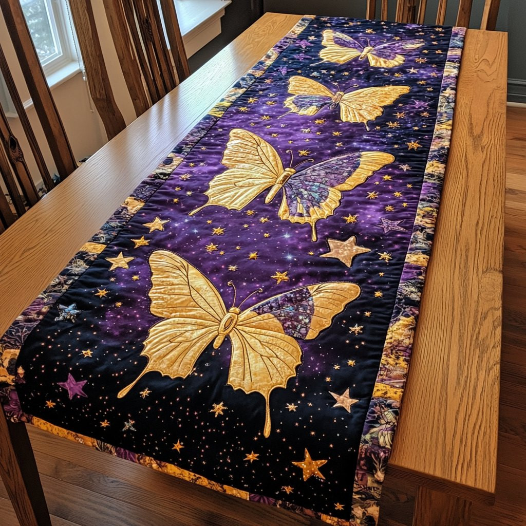 Golden Butterflies on Purple Starlight Table Runner - Made to Order TABLE928