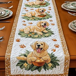 Golden Retriever with Bowl on White Table Runner - Made to Order TABLE928