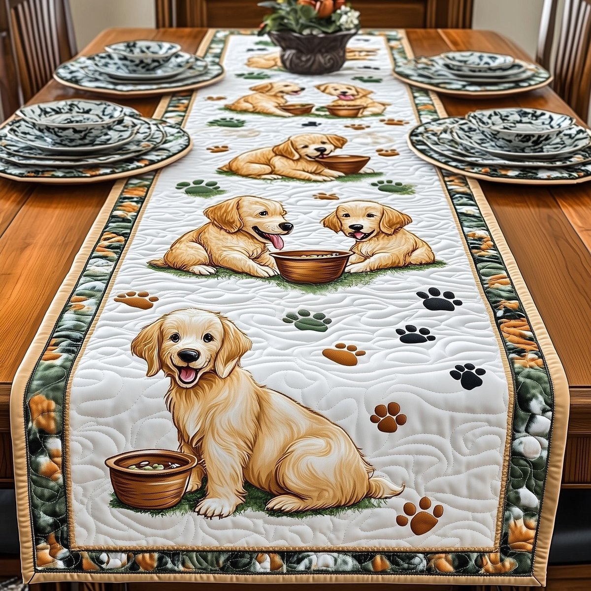 Golden Retrievers with Food Bowls Table Runner - Made to Order TABLE928