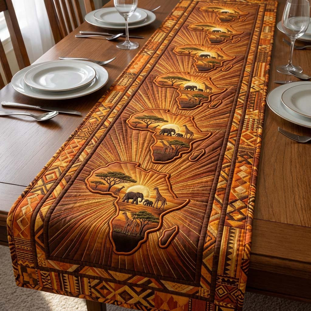 Golden Africa Map with Lion Table Runner - Made to Order TABLE928