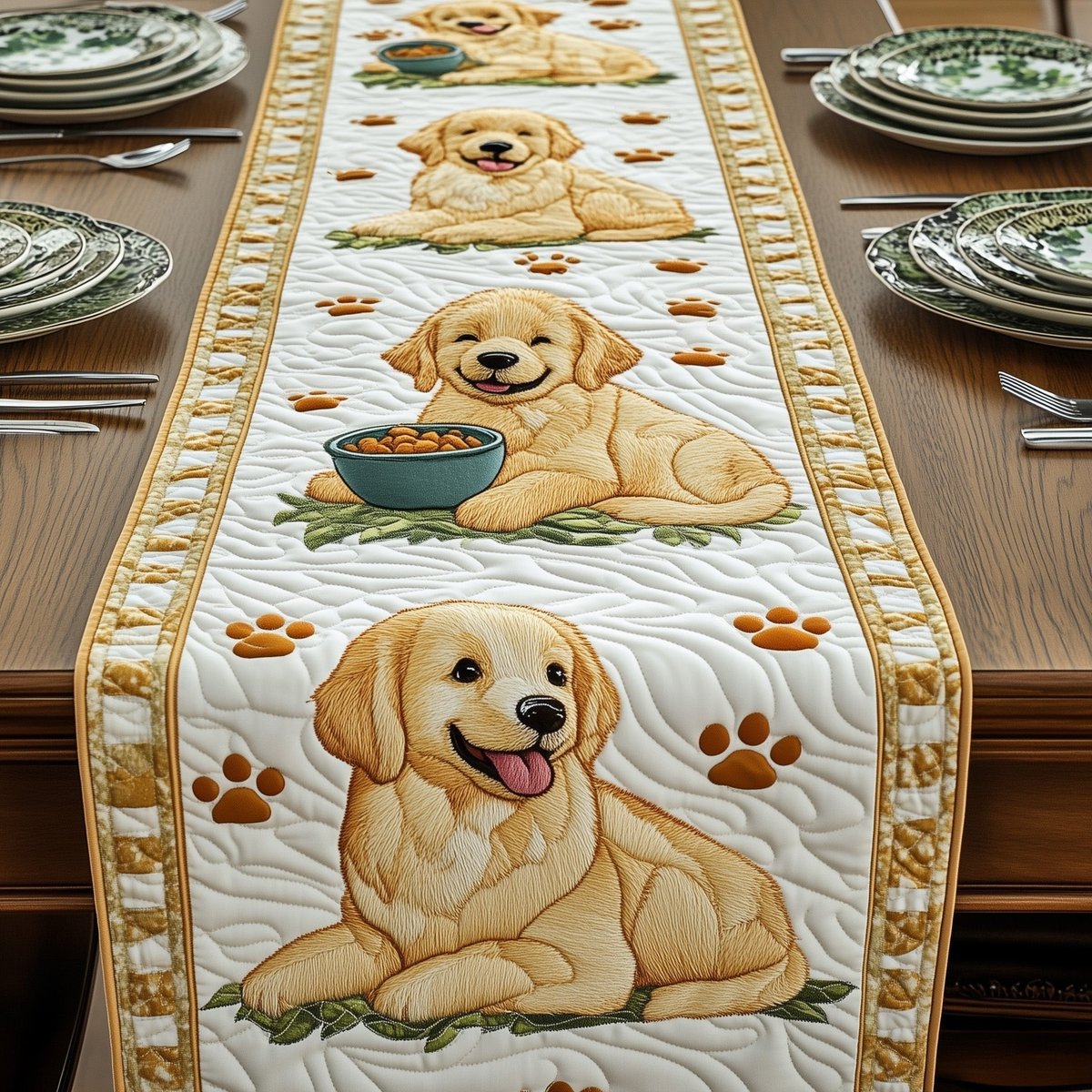 Golden Retriever with Blue Bowl Table Runner - Made to Order TABLE928
