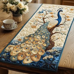 Golden Peacock on Blue Blossom Branch Table Runner - Made to Order TABLE928