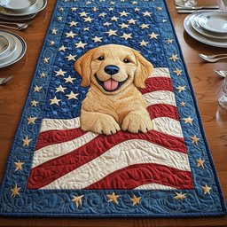 Golden Puppy on American Flag Table Runner - Made to Order TABLE928