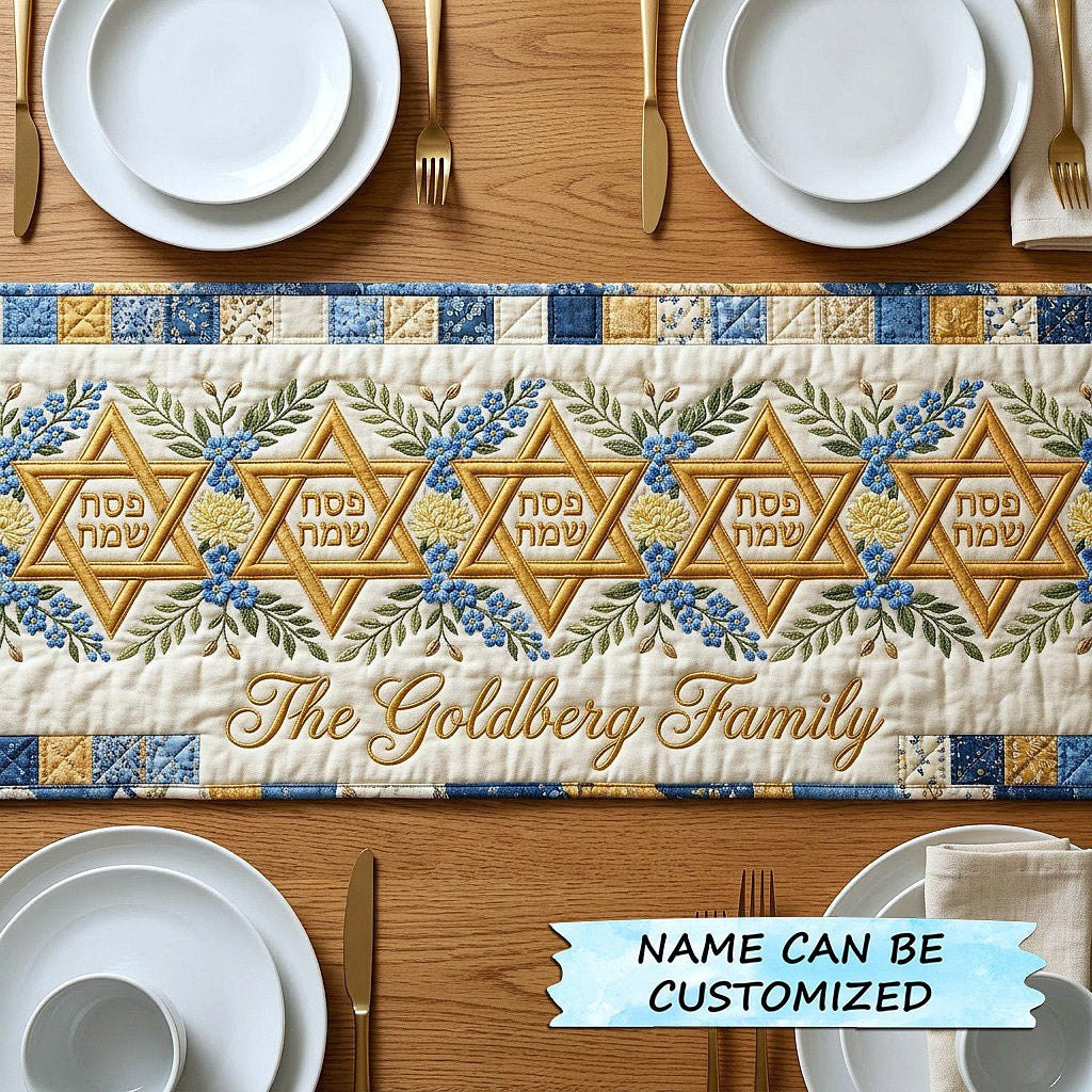 Golden Stars of David with Name Table Runner - Made to Order TABLE928