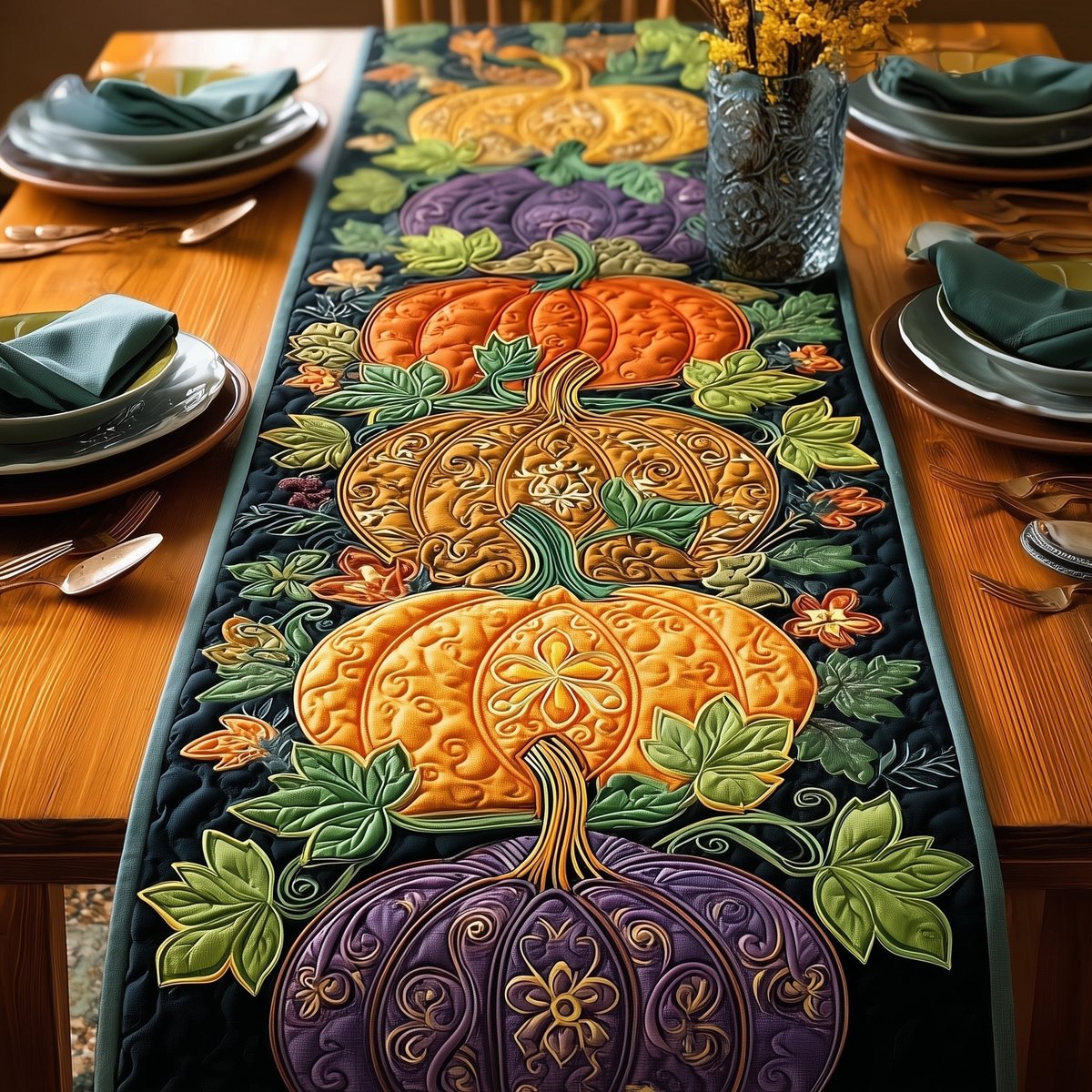 Golden Pumpkins on Purple Paisley Table Runner - Made to Order TABLE928