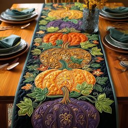 Golden Pumpkins on Purple Paisley Table Runner - Made to Order TABLE928