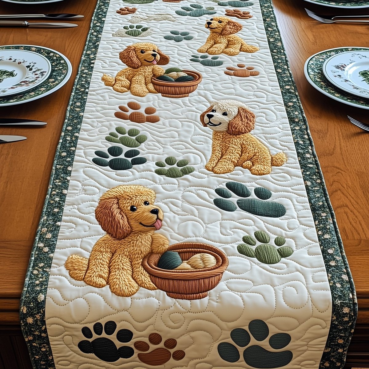 Golden Puppies with Paw Prints Table Runner - Made to Order TABLE928