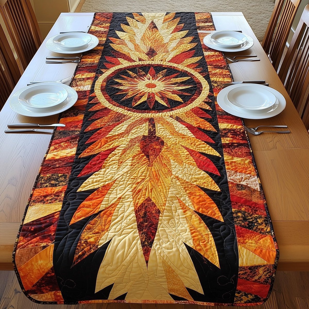 Golden Starburst with Flame Feathers Table Runner - Made to Order TABLE928