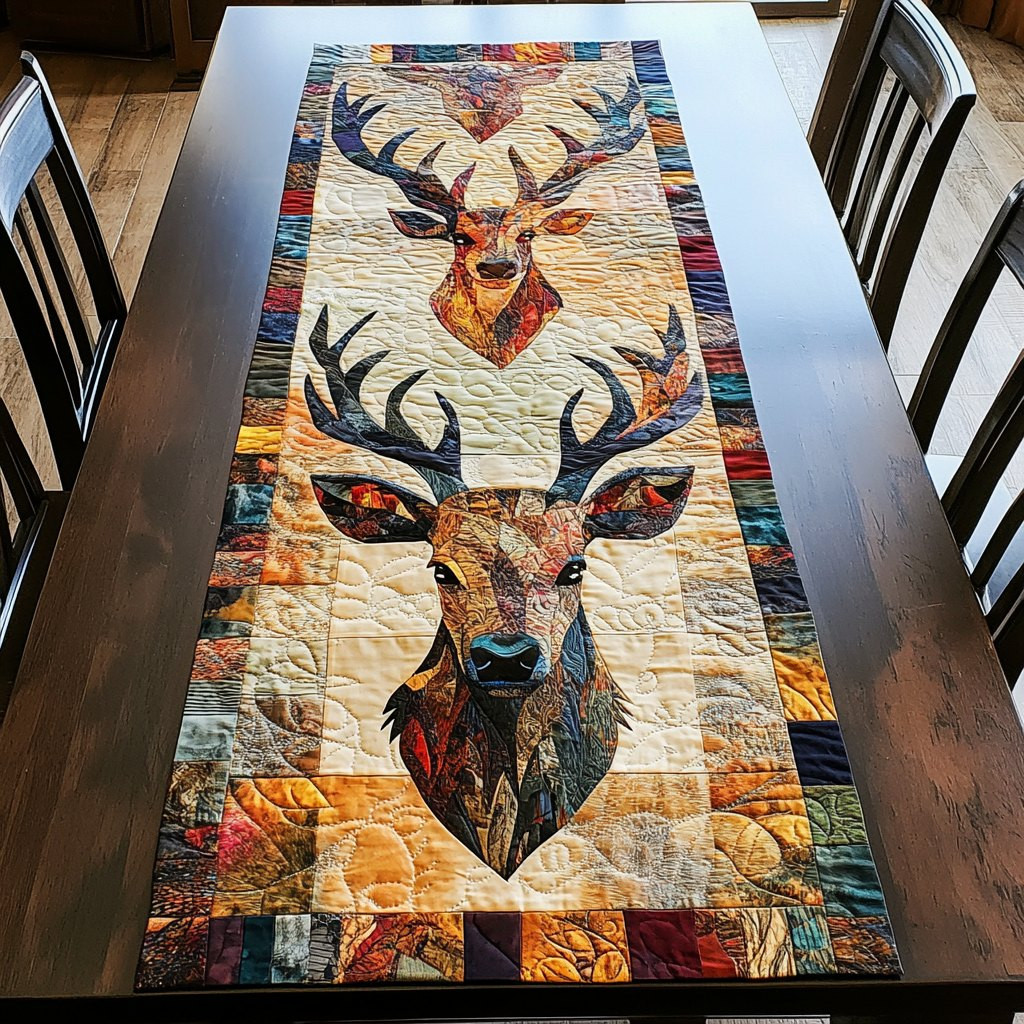Golden Stag on Patchwork Panel Table Runner - Made to Order TABLE928