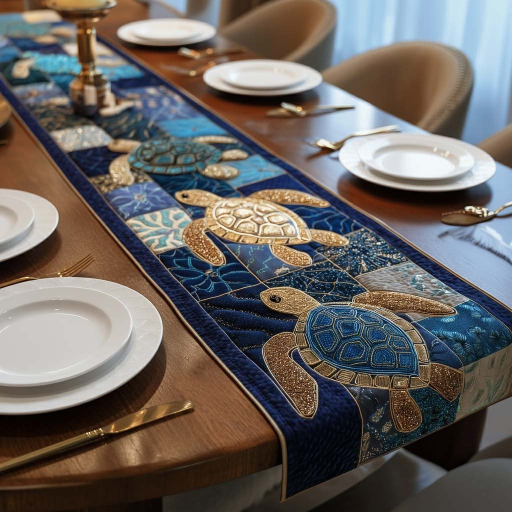 Gold and Blue Turtle Patchwork Table Runner - Made to Order TABLE928