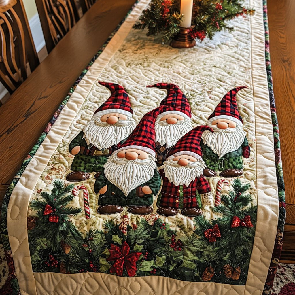 Gnomes in Plaid Hats with Holly Table Runner - Made to Order TABLE928