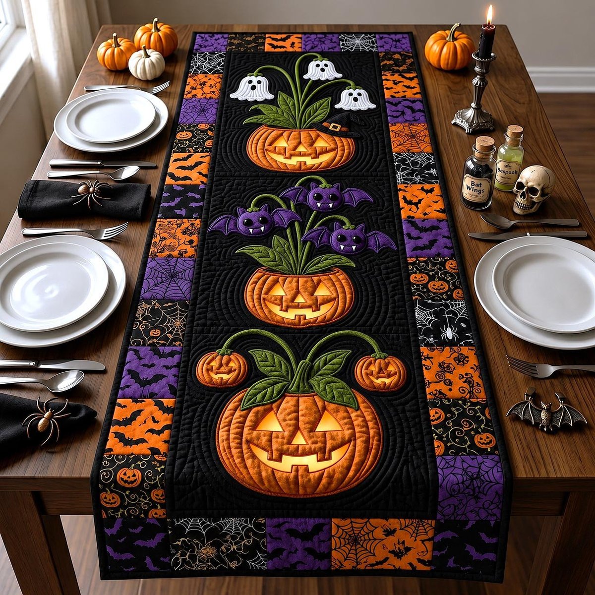 Glowing Pumpkin with Black Bats Table Runner - Made to Order TABLE928