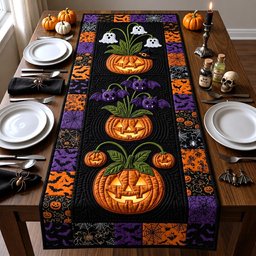 Glowing Pumpkin with Black Bats Table Runner - Made to Order TABLE928