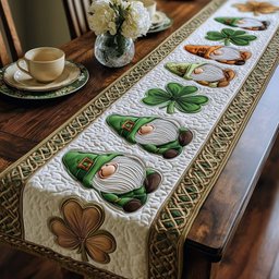 Gnomes in Green Hats with Shamrock Table Runner - Made to Order TABLE928