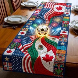 Glowing Soccer Ball with Flag Waves Table Runner - Made to Order TABLE928