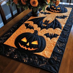 Glowing Pumpkin Beneath Black Bats Table Runner - Made to Order TABLE928