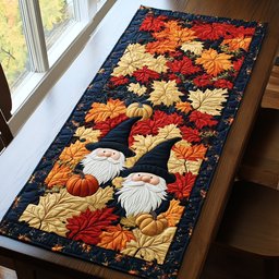 Gnome with Pumpkins on Navy Leaves Table Runner - Made to Order TABLE928