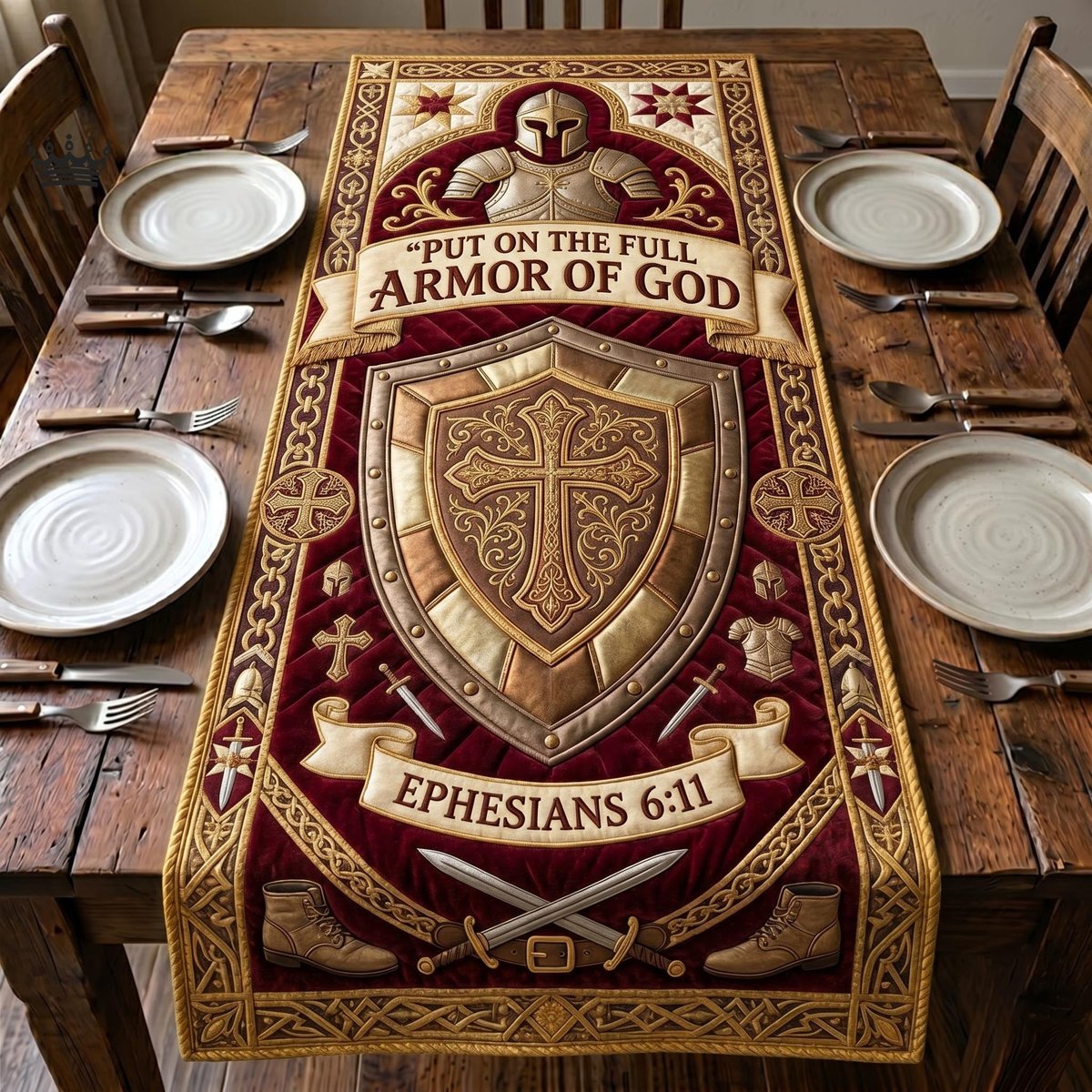 Full Armor of God Ephesians Gold Shield Table Runner - Made to Order TABLE928