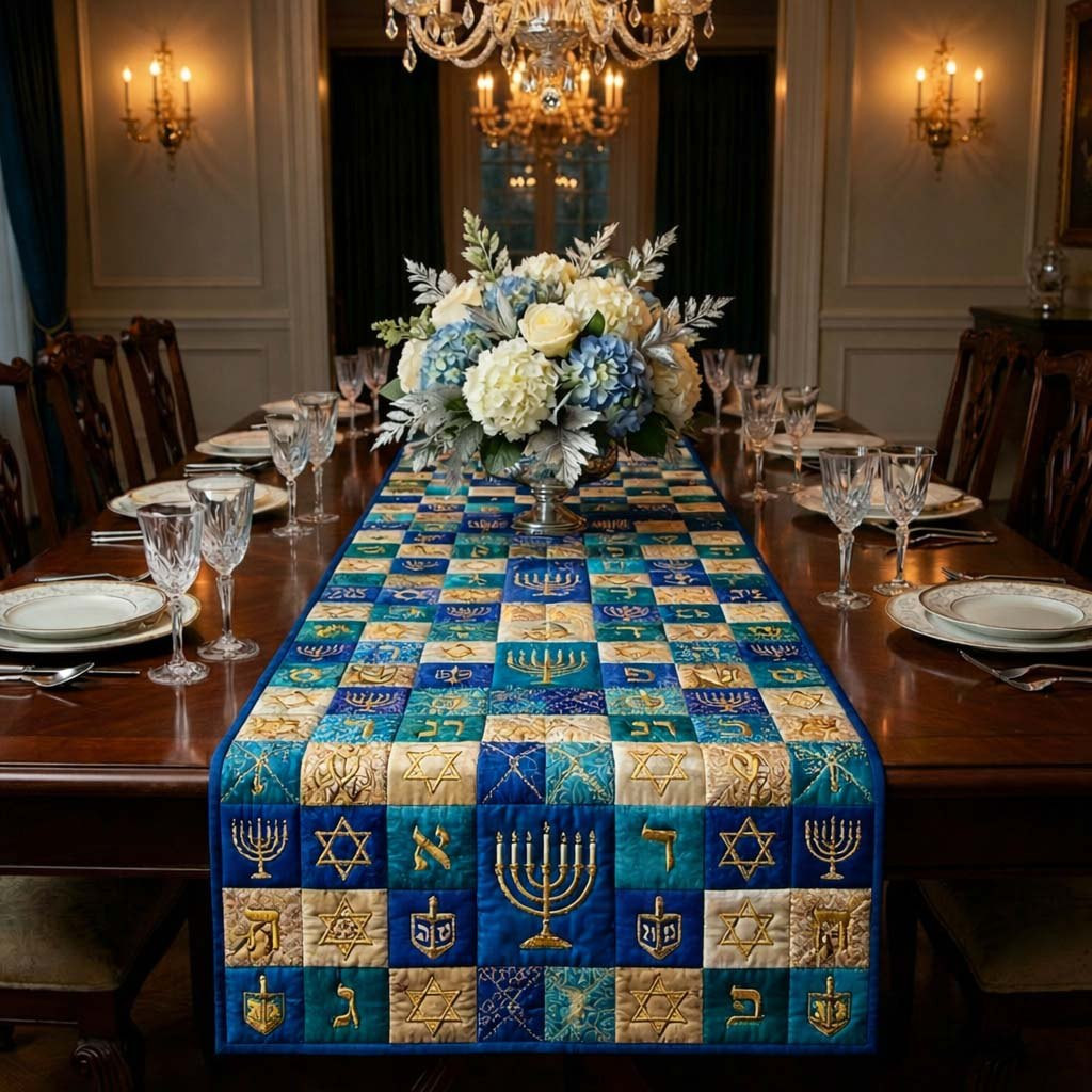 Gold Hanukkah Symbols on Blue Grid Table Runner - Made to Order TABLE928