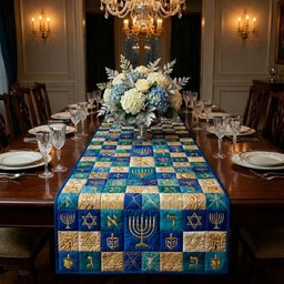 Gold Hanukkah Symbols on Blue Grid Table Runner - Made to Order TABLE928