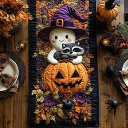 Ghost and Raccoon on Pumpkin Table Runner - Made to Order TABLE928