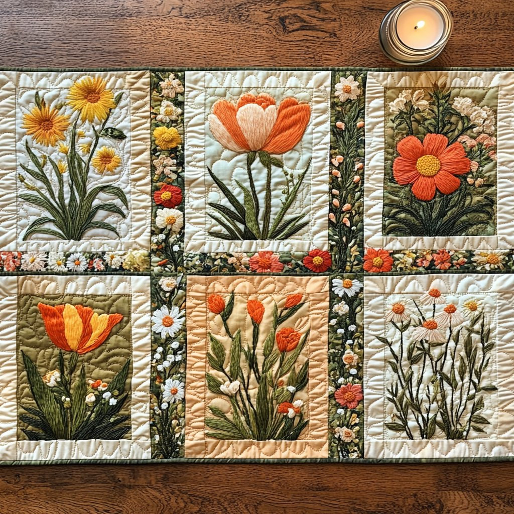 Garden Flower Blocks on Cream Table Runner - Made to Order TABLE928