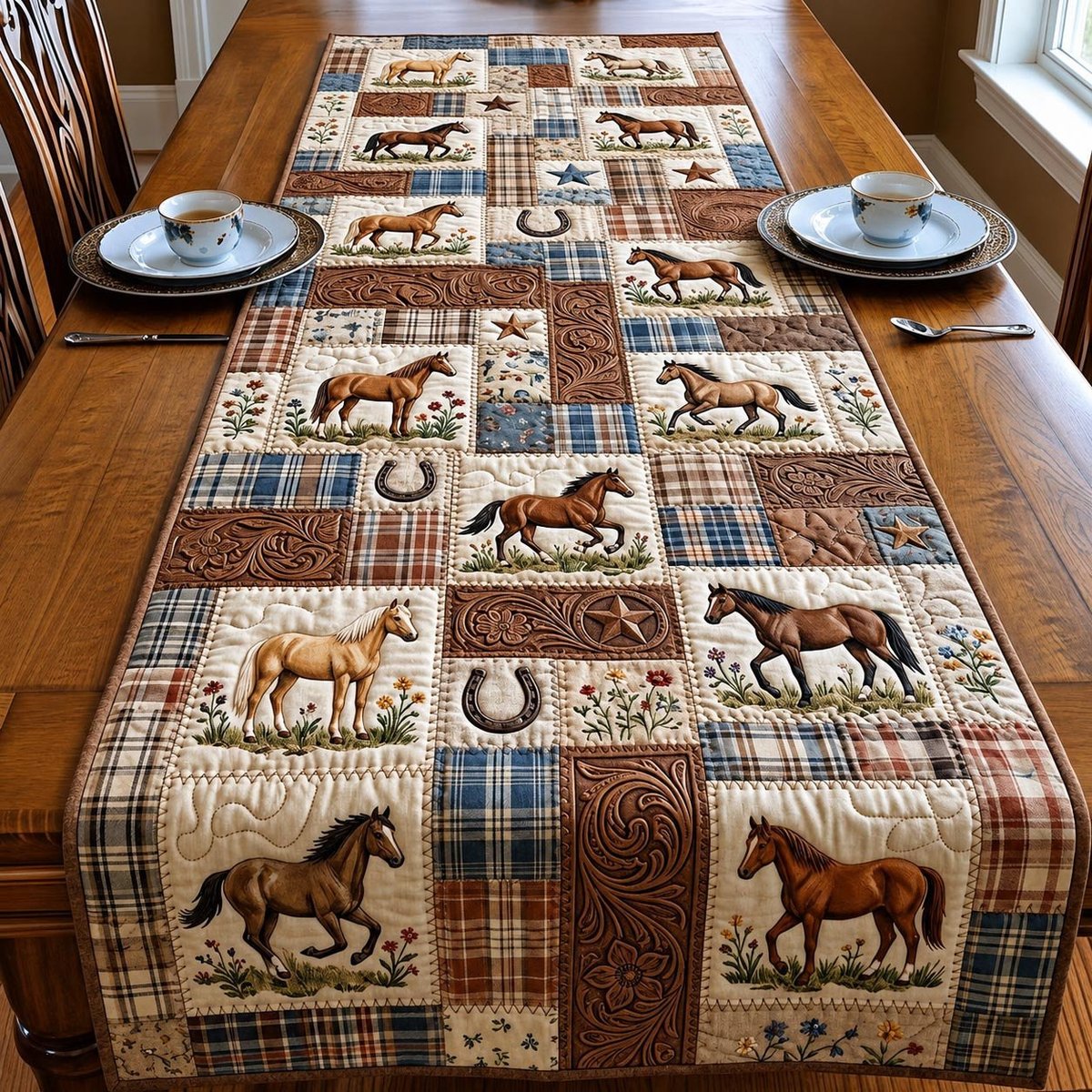 Galloping Horses on Plaid Patchwork Table Runner - Made to Order TABLE928