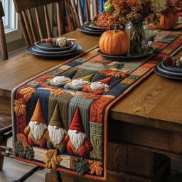 Gnome Trio on Green Patchwork Table Runner - Made to Order TABLE928
