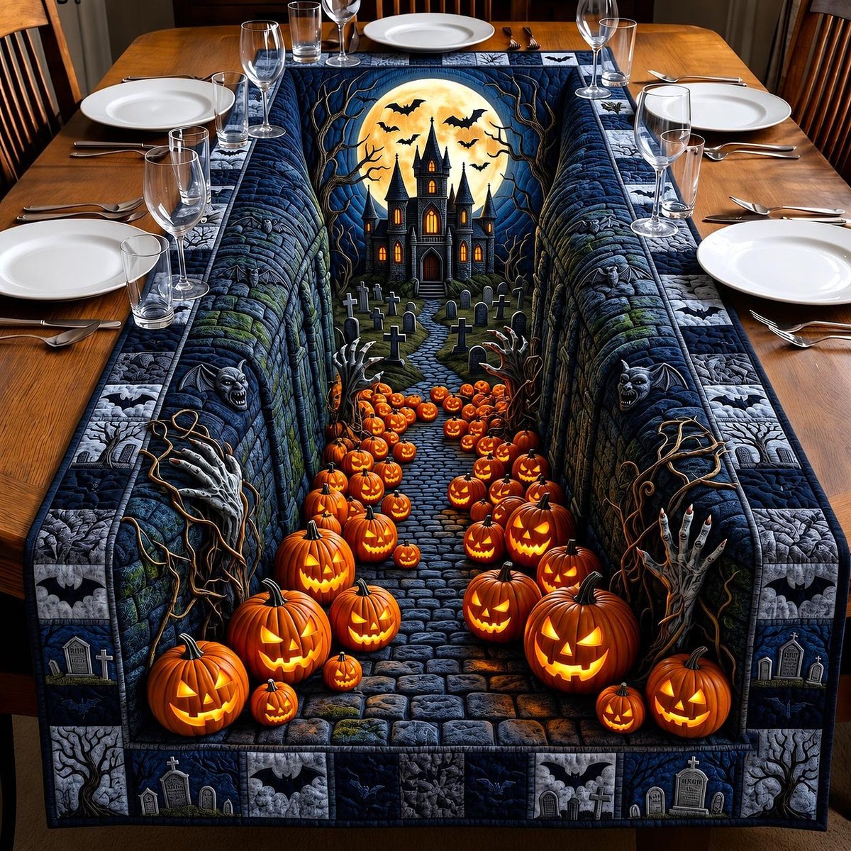 Glowing Pumpkins Along Castle Wall Table Runner - Made to Order TABLE928