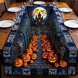 Glowing Pumpkins Along Castle Wall Table Runner - Made to Order TABLE928