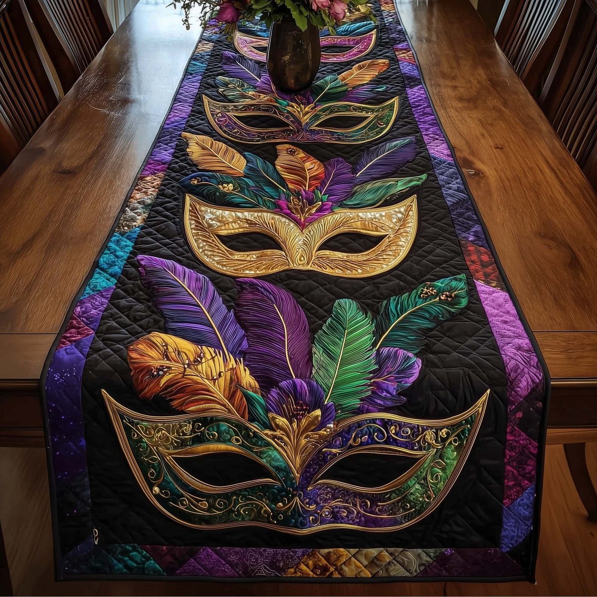 Gold Masks on Black Center Table Runner - Made to Order TABLE928