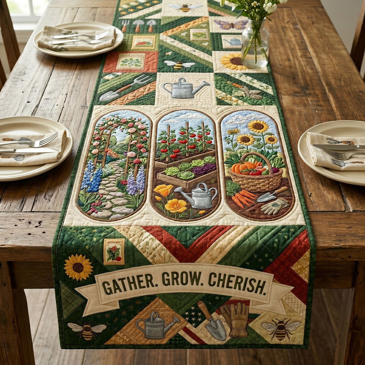 Gather Grow Cherish Garden Windows Table Runner - Made to Order TABLE928