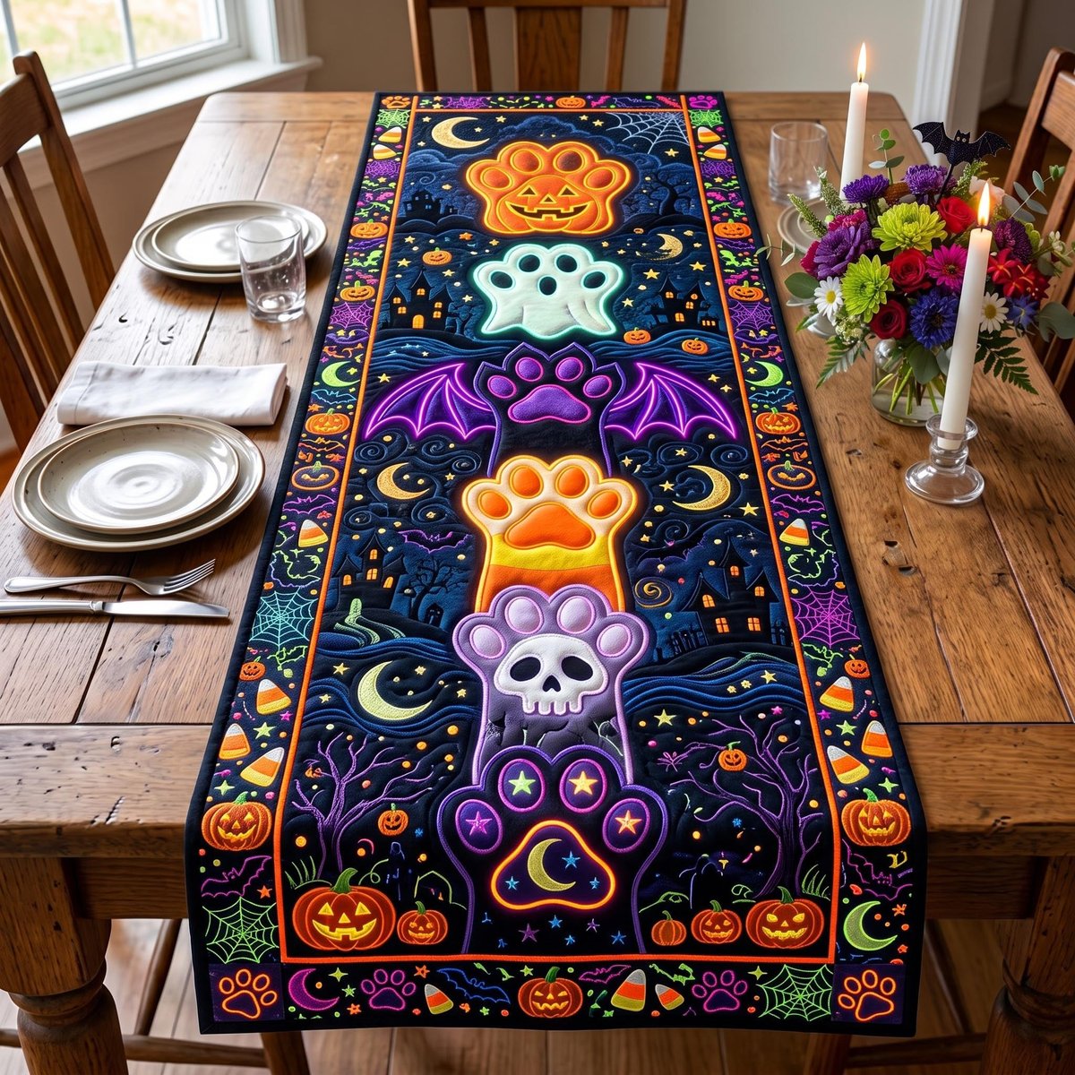 Ghost with Paw Print on Purple Table Runner - Made to Order TABLE928