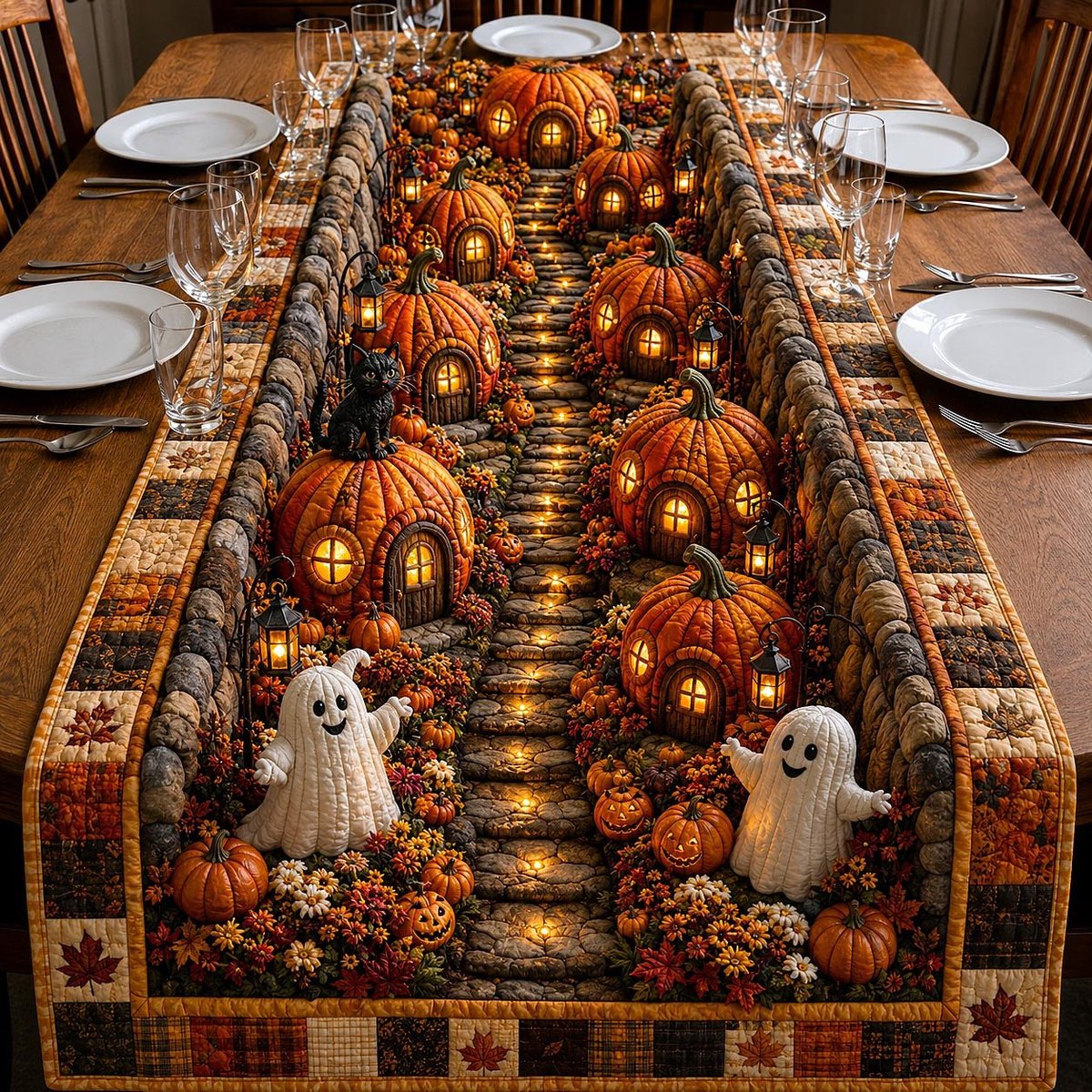 Glowing Pumpkin Lane at Night Table Runner - Made to Order TABLE928