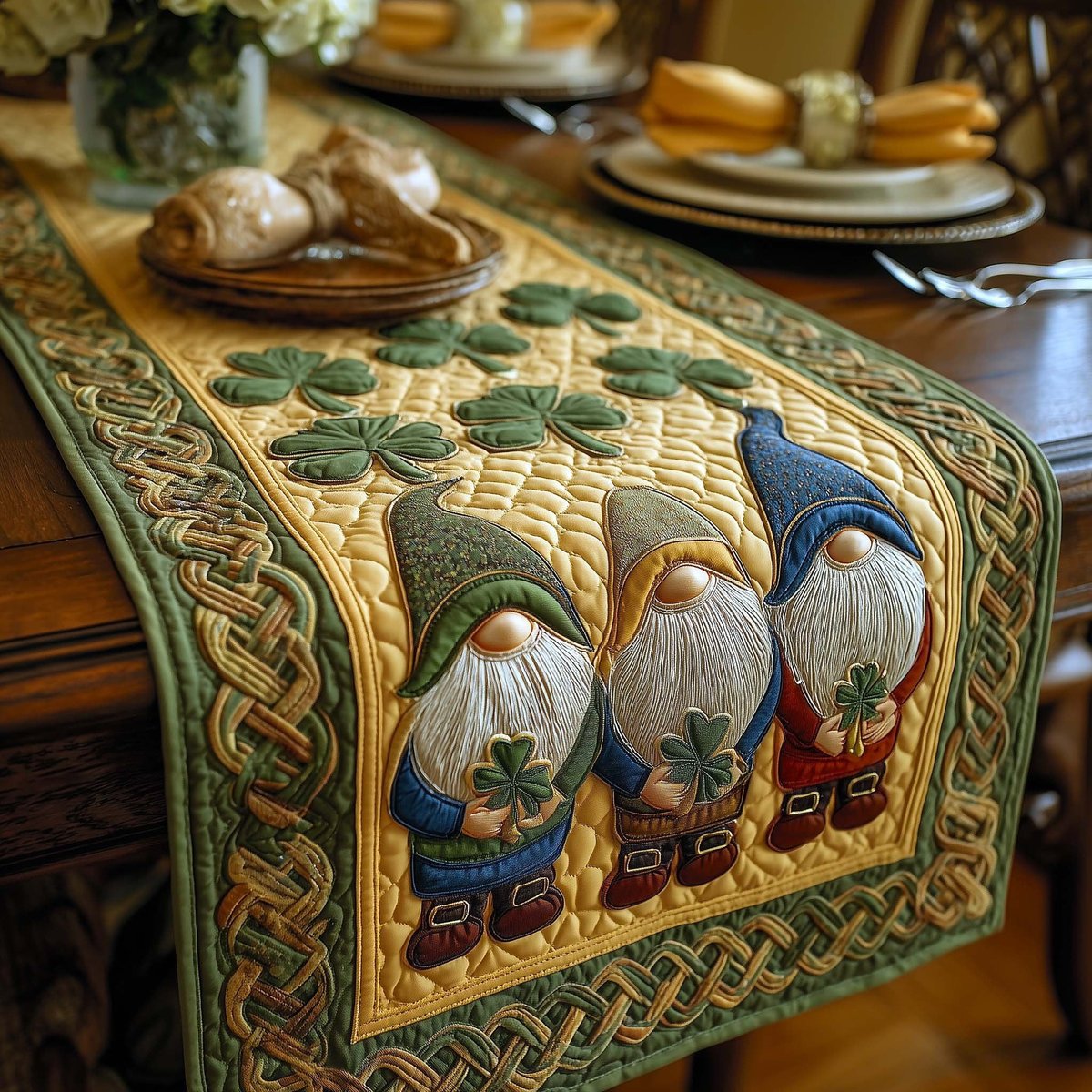 Gnomes in Blue and Red with Shamrocks Table Runner - Made to Order TABLE928