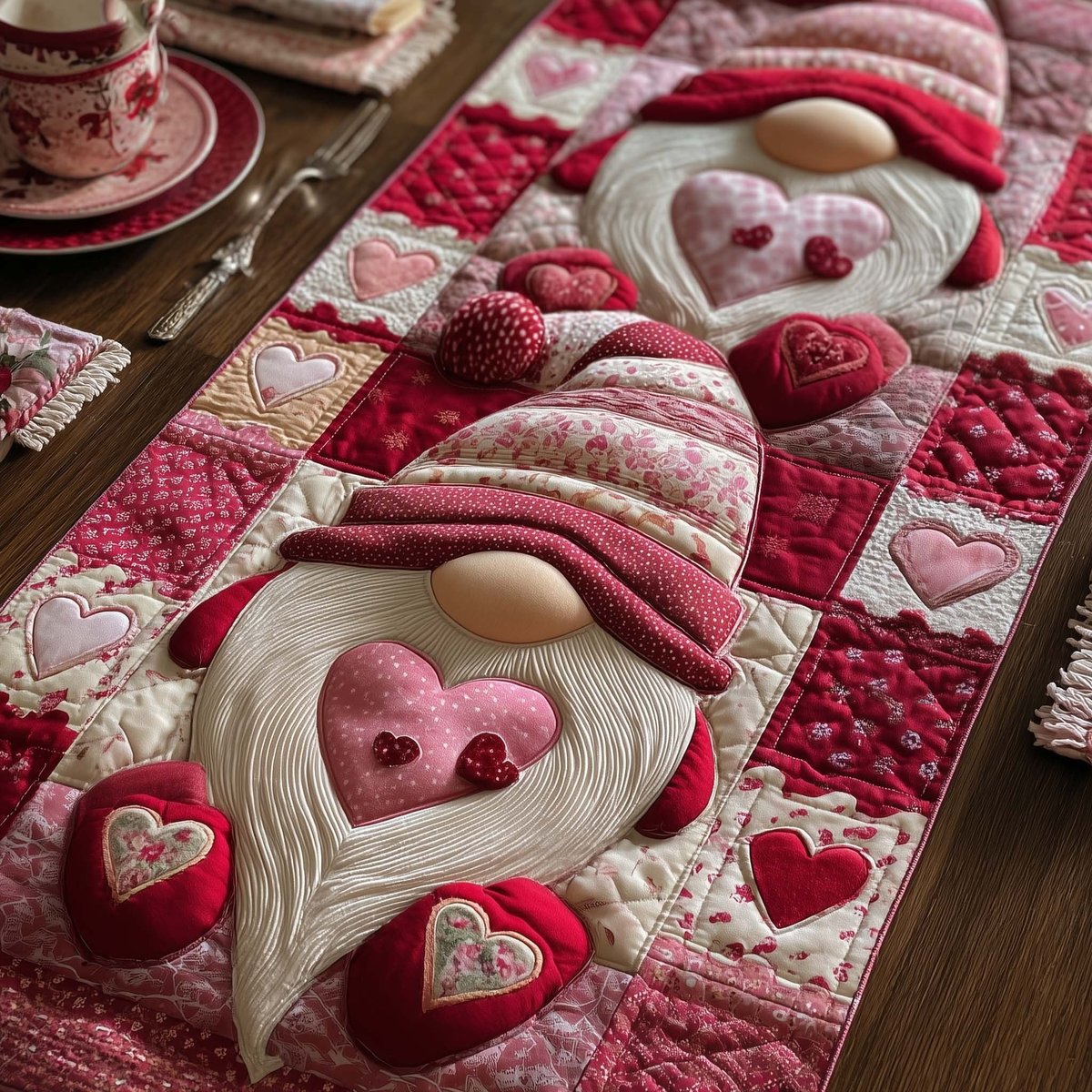 Gnome with Pink Heart Pillow Table Runner - Made to Order TABLE928