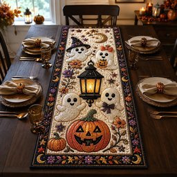 Ghosts and Lantern Above Grinning Pumpkin Table Runner - Made to Order TABLE928